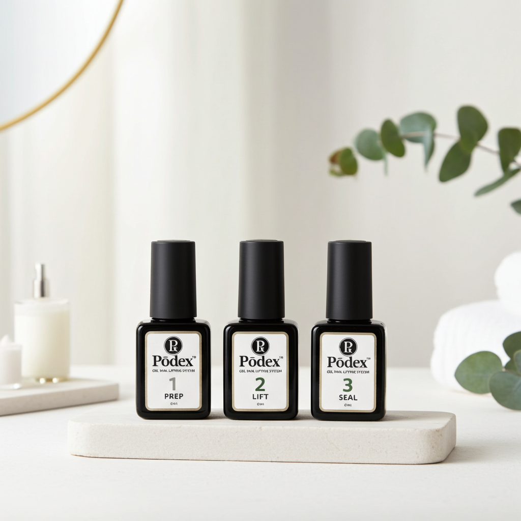 Pōdex® Professional 3-Step Nail Lifting Gel System with PREP, LIFT and SEAL gels for conservative correction of curved nails.
