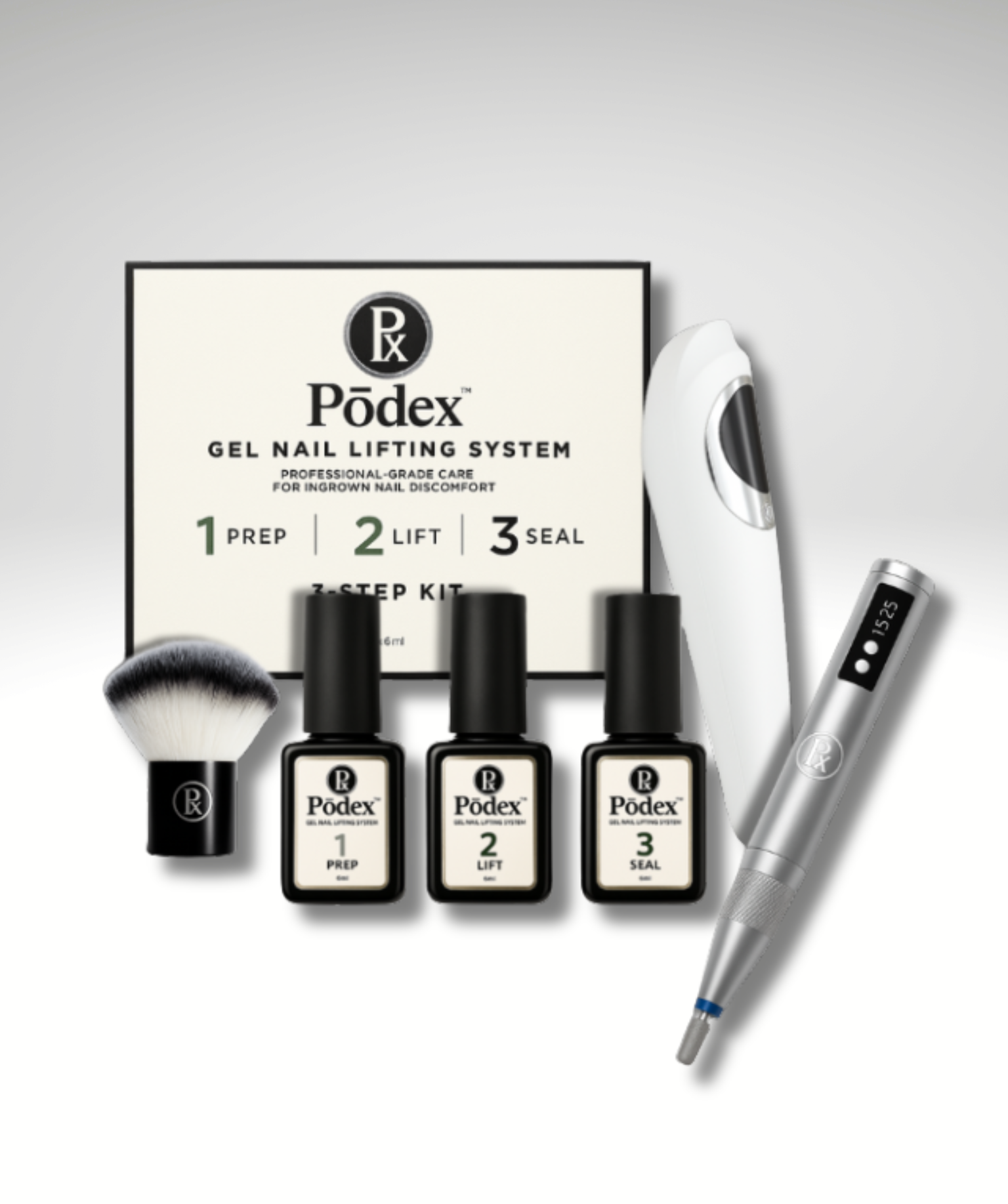 Pōdex™ Starter Kit complete with Transparent Pōdex 3-Step Nail Llifting Gel Polish, Pōdex GLOW UV/LED handheld lamp, Pōdex EDGE Cordless Filing Pen, Pōdex SWEEP Premium Nail Dusting Brush for treatment of painful ingrown, curved and pincer fingernails and toenails