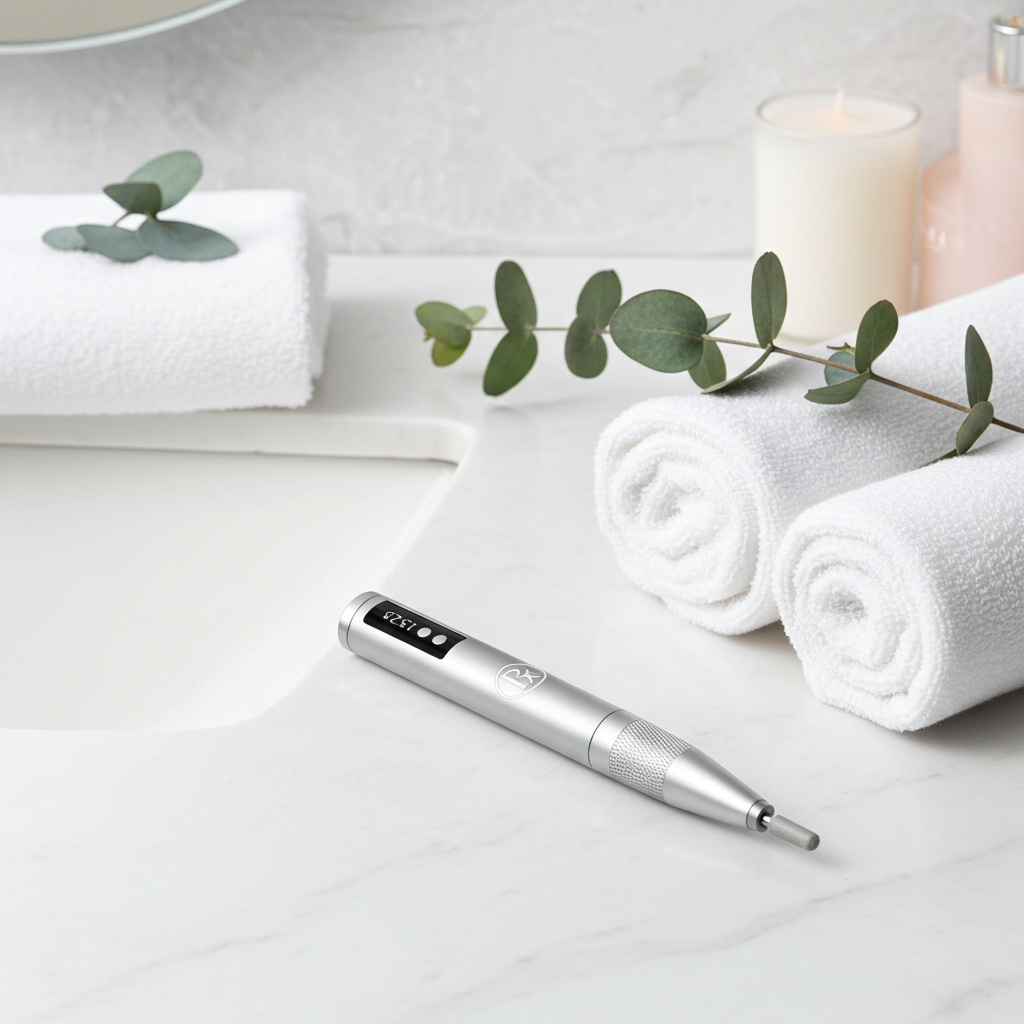 Pōdex® EDGE Professional cordless electric nail file displayed on a clean countertop with rolled towels and soft natural lighting.