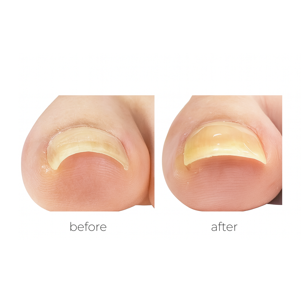Curved toenail with pressure before nail lifting treatment. Improved toenail shape after Pōdex lifting gel treatment. Progress of curved toenail correction using Pōdex lifting system.

