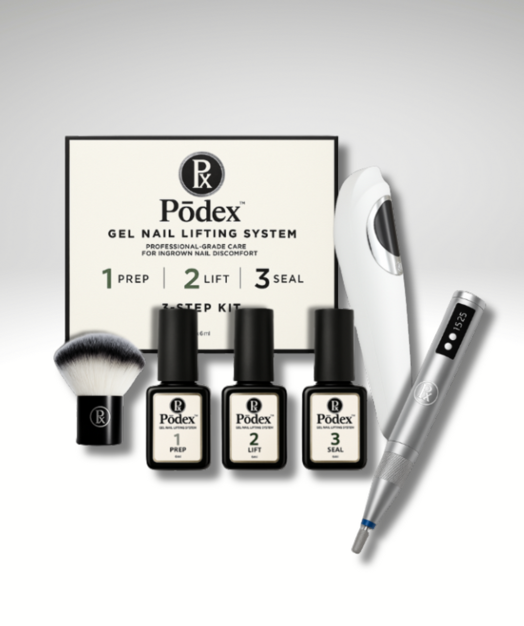 Pōdex® Complete Professional Starter Kit including the 3-Step Nail Lifting Gel System, EDGE Electric Nail File, GLOW UV/LED Lamp and SWEEP Nail Brush for curved, involuted and ingrown-prone fingernails and toenails.