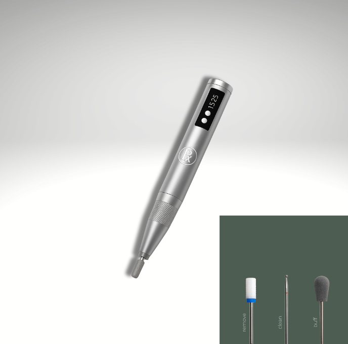 Pōdex® EDGE Professional Electric Nail File with interchangeable attachments for preparing thickened, curved, involuted and ingrown-prone fingernails and toenails before application of the Pōdex® Nail Lifting Gel System.